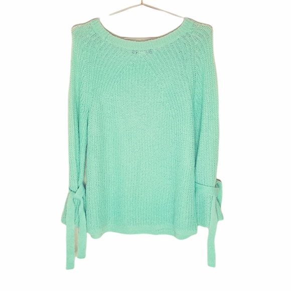 PROJECT NAADAM Mint Green Open Knit Tie Bell Sleeve Sweater Size M - Picture 9 of 9